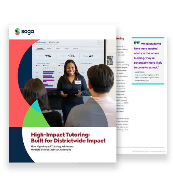 ps_success's tweet photo. @SagaEducation released a new guide, "High-Impact Tutoring: Built for Districtwide Impact." The resource explores how #HighImpactTutoring offers a single approach for district leaders to address issues like stalled learning, absenteeism &amp; teacher turnover. https://t.co/ypQAT8y8oS https://t.co/eis9UQ5LXL