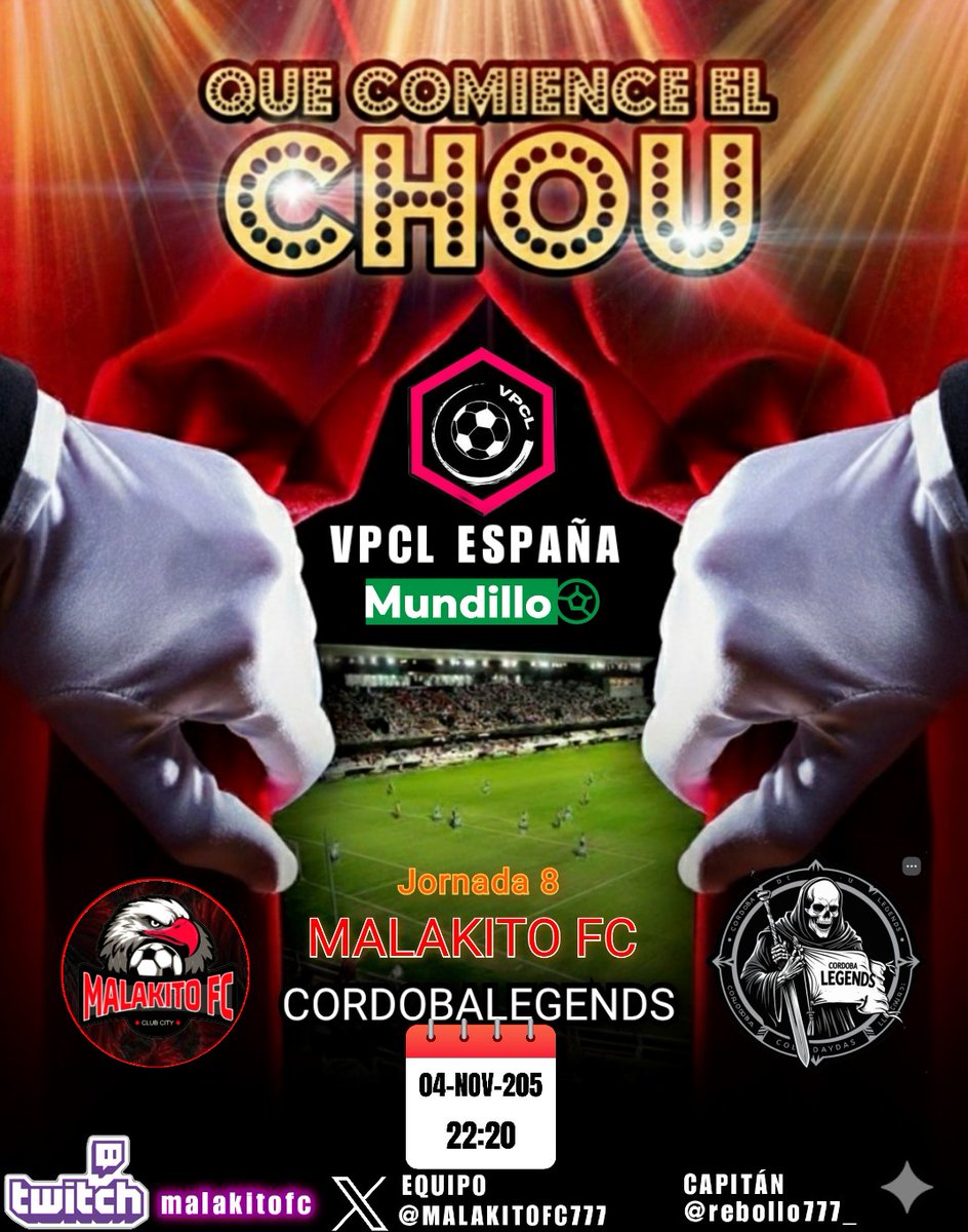 Nueva noche de fútbol con la jornada 8 de la liga <a href="/VPCL_Spain/">VPCL España</a> <a href="/mundillo_futbol/">Mundillo Futbol</a> ante el actual líder invicto, el⁶ <a href="/Legends_Cordoba/">Cordoba Legends</a> a las 22:20 horas. <a href="/EASPORTSFC/">EA SPORTS FC</a> #clubespro #11vs11 #FC26.  ⚽🎮⚽. ¡¡¡¡VAMOS EQUIPOOOO!!!!