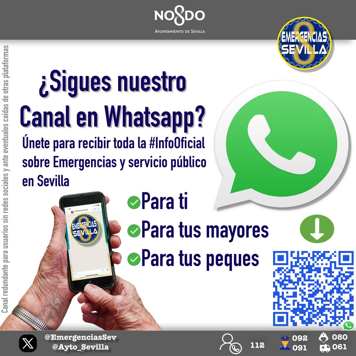 EmergenciasSev's tweet image. 📲¿Nos sigues en nuestro canal oficial en #Whatsapp?
📢Únete para recibir toda la #InfoOficial sobre emergencias y servicio público en #Sevilla.
👉Para ti
👴👵Para tus mayores
🧒👧Para tus peques
👥Comparte entre tus contactos.
📱Haz click whatsapp.com/channel/0029Va…
Gracias por tu…