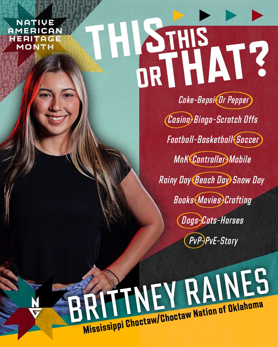 NativeGaming's tweet image. Get to know @_brittneyraines beyond the game.

Do you agree with her picks? 👀

#NativeAmericanHeritageMonth #NAHM