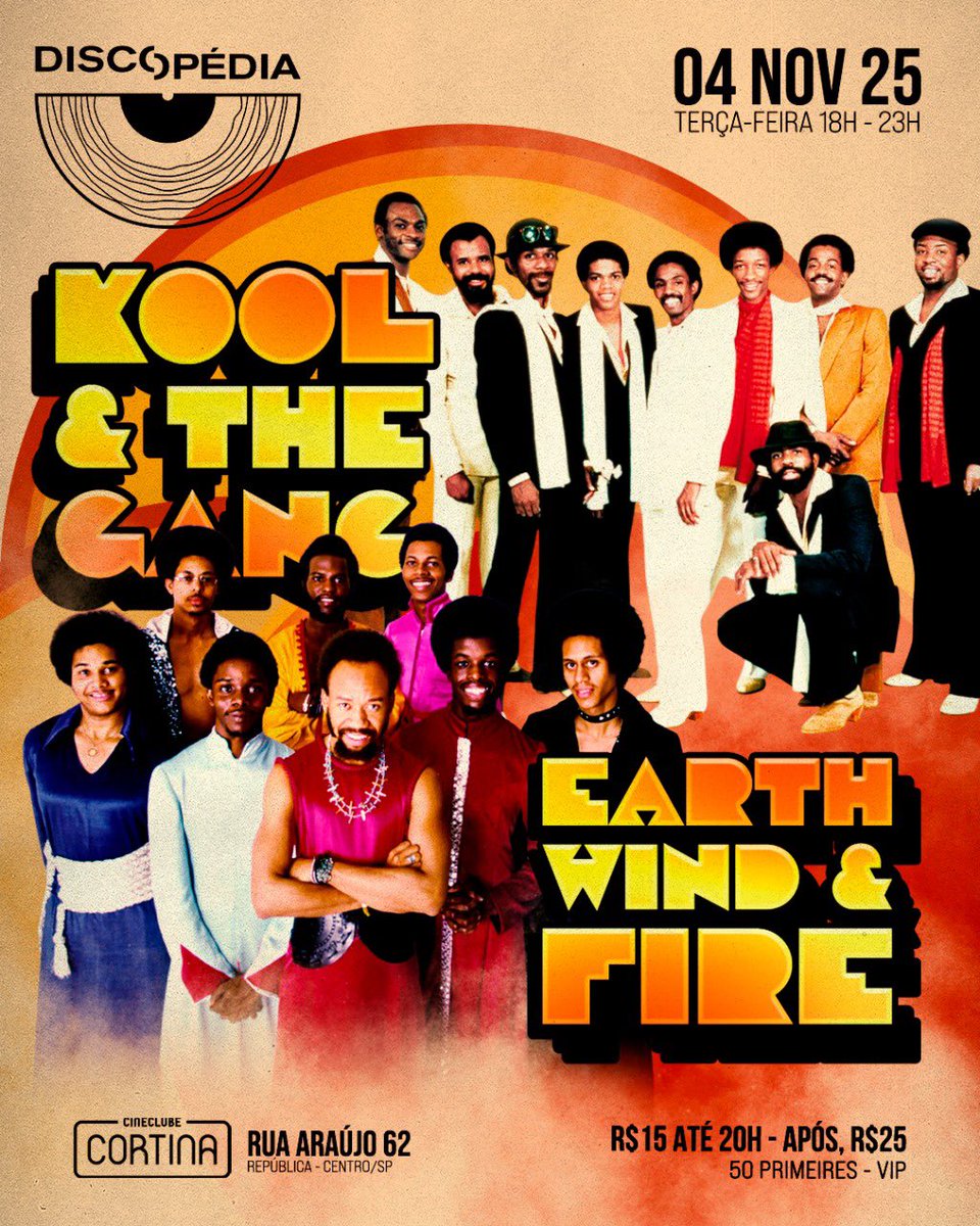 _Discopedia's tweet image. A sensacional de São Paulo, orgulhosamente apresenta, o especial dedicado aos discos de vinil dos gigantes do funk, "Earth, Wind &amp;amp; Fire + Kool &amp;amp; The Gang"!

Daqui a pouco, a partir das 18h no Cineclube Cortina.

DJs DanDan, Marco &amp;amp; Nyack nos toca-discos.
Abertura, DJ Lino.