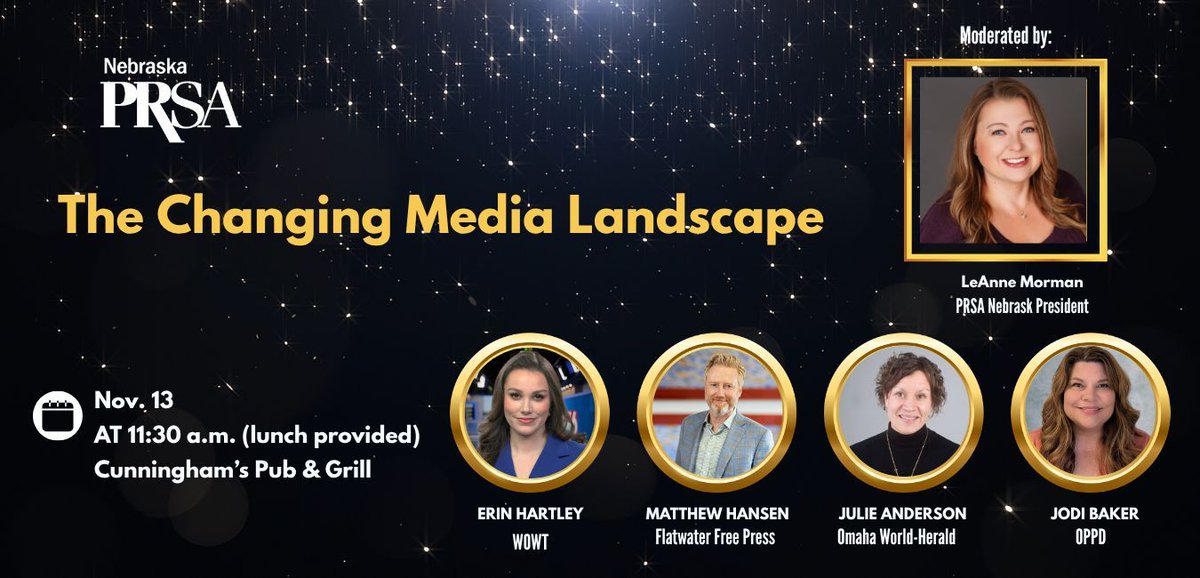 Join <a href="/PRSANebraska/">PRSA Nebraska</a> for The Changing Media Landscape — a dynamic panel with leaders from Flatwater Free Press, Omaha World-Herald, WOWT &amp; OPPD.

🎟️ Students FREE | Members $20 | Non-Members $30
Register here: buff.ly/YFAXs5K 

#PRSANebraska #Storytelling