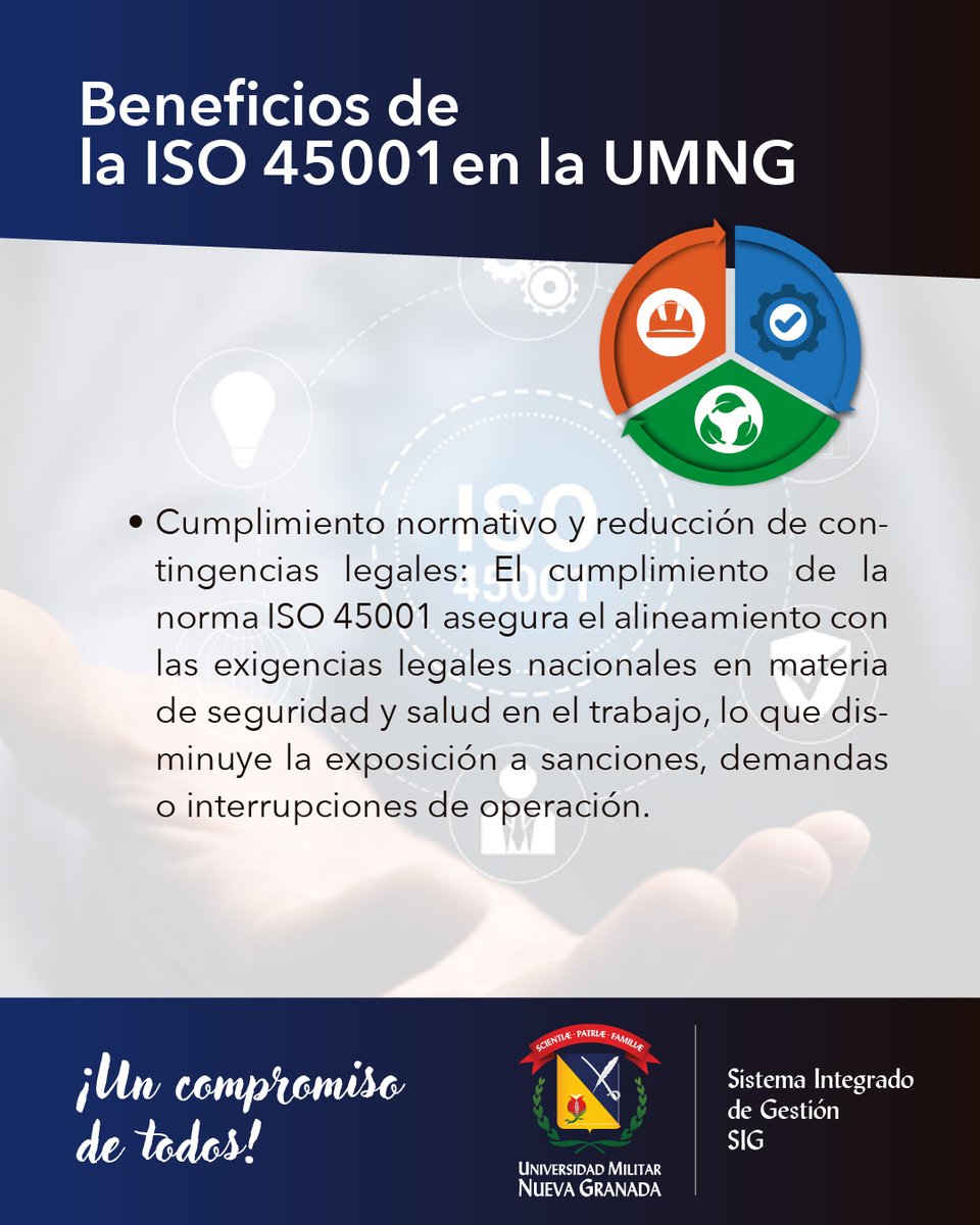 💼 ISO 45001: Seguridad y Salud en el Trabajo

La Universidad Militar Nueva Granada cuenta con un Sistema de Gestión de Seguridad y Salud en el Trabajo (ISO 45001), integrado al Sistema Integrado de Gestión (SIG).

#UMNG #ISO45001