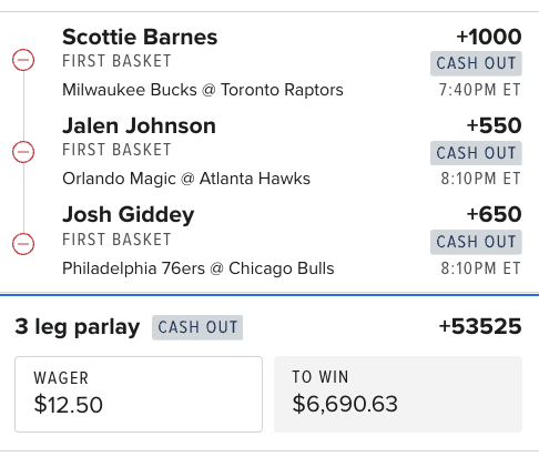Project_Parlay_'s tweet photo. First basket action 👀

Scottie Barnes 🧱 +1000
Jalen Johnson 🪄 +550
Josh Giddey 🎯 +650

🎯 0.125u on the 3-leg parlay (+53525)
🎯 0.125u on the RR x3 (+6658)
💰 Total risk: 0.5u

$50 for $9k if all 3 hit 🔥
$50 for about $832 if 2/3 hit 💵

#ProjectParlay #NBA #SportsBetting #BettingTips