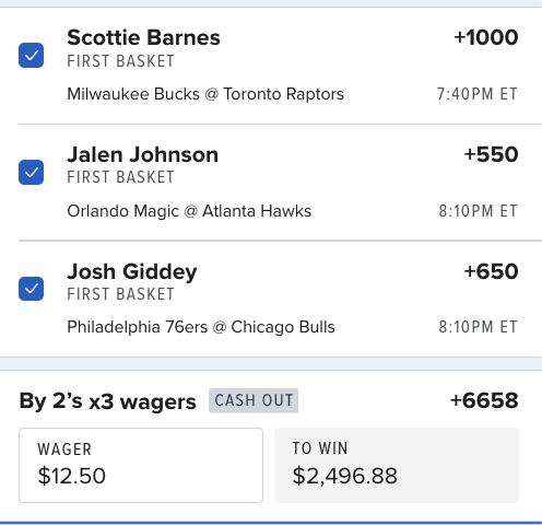 Project_Parlay_'s tweet photo. First basket action 👀

Scottie Barnes 🧱 +1000
Jalen Johnson 🪄 +550
Josh Giddey 🎯 +650

🎯 0.125u on the 3-leg parlay (+53525)
🎯 0.125u on the RR x3 (+6658)
💰 Total risk: 0.5u

$50 for $9k if all 3 hit 🔥
$50 for about $832 if 2/3 hit 💵

#ProjectParlay #NBA #SportsBetting #BettingTips