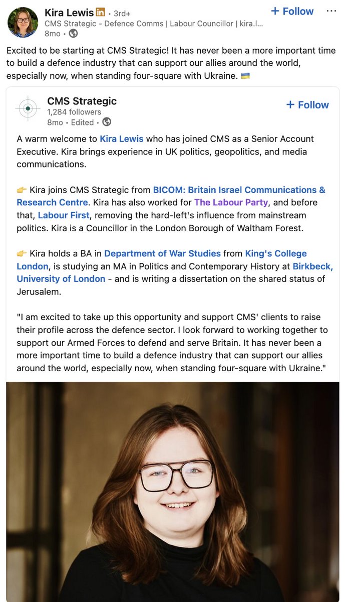 <a href="/HudaAmmori/">Huda Ammori</a> Kira Lewis joined CMS 8 months ago according to Linkedin. it mentions her role at 2 of Luke Akehurst's orgs: BICOM and Labour First, where she was "removing the hard-left's influence from mainstream politics."