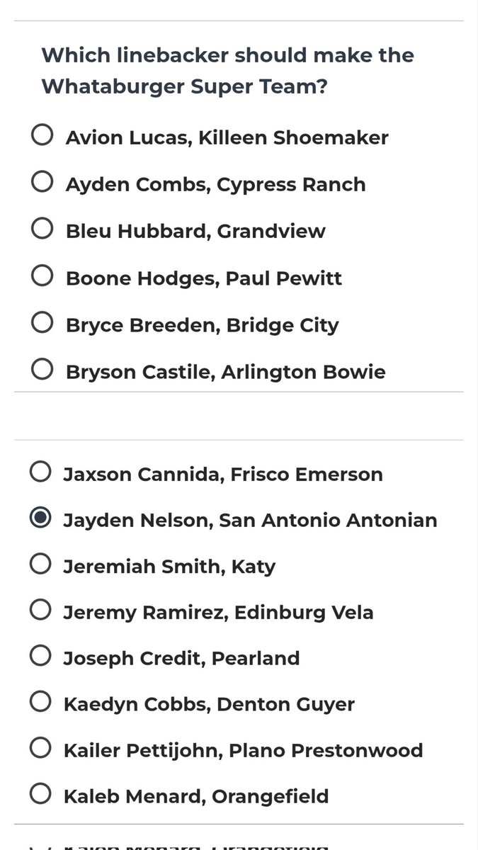 It is with great honor to be on <a href="/dctf/">Dave Campbell's — TexasFootball.com</a> <a href="/WhataSuperTeam/">Whataburger Super Team</a> ballot. 300 players made it out of 4,000. Hard work pays off. <a href="/2MGE_/">𝟚𝕄 𝔾𝕣𝕚𝕕𝕚𝕣𝕠𝕟 𝔼𝕧𝕒𝕝𝕦𝕒𝕥𝕚𝕠𝕟𝕤</a> <a href="/JButler_210/">Josh Butler</a> <a href="/TheProgram2015/">The Program</a> <a href="/ScoutsRadar/">The_Scouts_Radar</a> <a href="/tapps247/">TAPPS 24/7 Football</a> <a href="/CoachDreMiles/">Coach Dre</a>  <a href="/RollDatWave/">Patrick Harkness</a>  <a href="/SA_Sports/">San Antonio Sports</a> <a href="/MiacFtbl/">MIAC Football Recruiting</a> <a href="/TXPrepSports/">Texas Prep Sports</a> <a href="/TXRecruits/">Texas Recruits</a> <a href="/TXPrivateFBGuy/">Texas Private School Football</a> <a href="/TXPSMedia/">Texas Private School Media</a>
