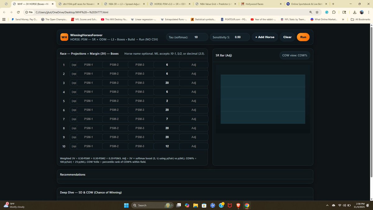 jjtuttle1216's tweet image. Step 1: Type in each horse's ML. Step 2: Type in the L3 SRs per horse. If you're a diehard #BeyerSpeedFigs person or if you are like me and love #Trackmaster's Speed Rating, either will do. Step 3: Click on 'Run' in the upper right corner and then scroll down to see the