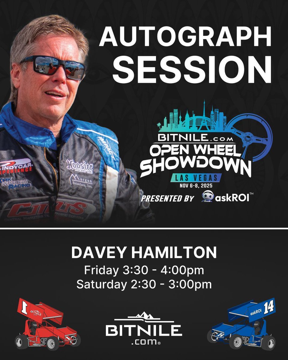 🏁 Meet Davey Hamilton at the BitNile.com Open Wheel Showdown, presented by askROI.com.
📍 Las Vegas — Nov 6–8, 2025
🗓 Fri 3:30–4:00 PM | Sat 2:30–3:00 PM
🎟 Get tickets: openwheelshowdown.com