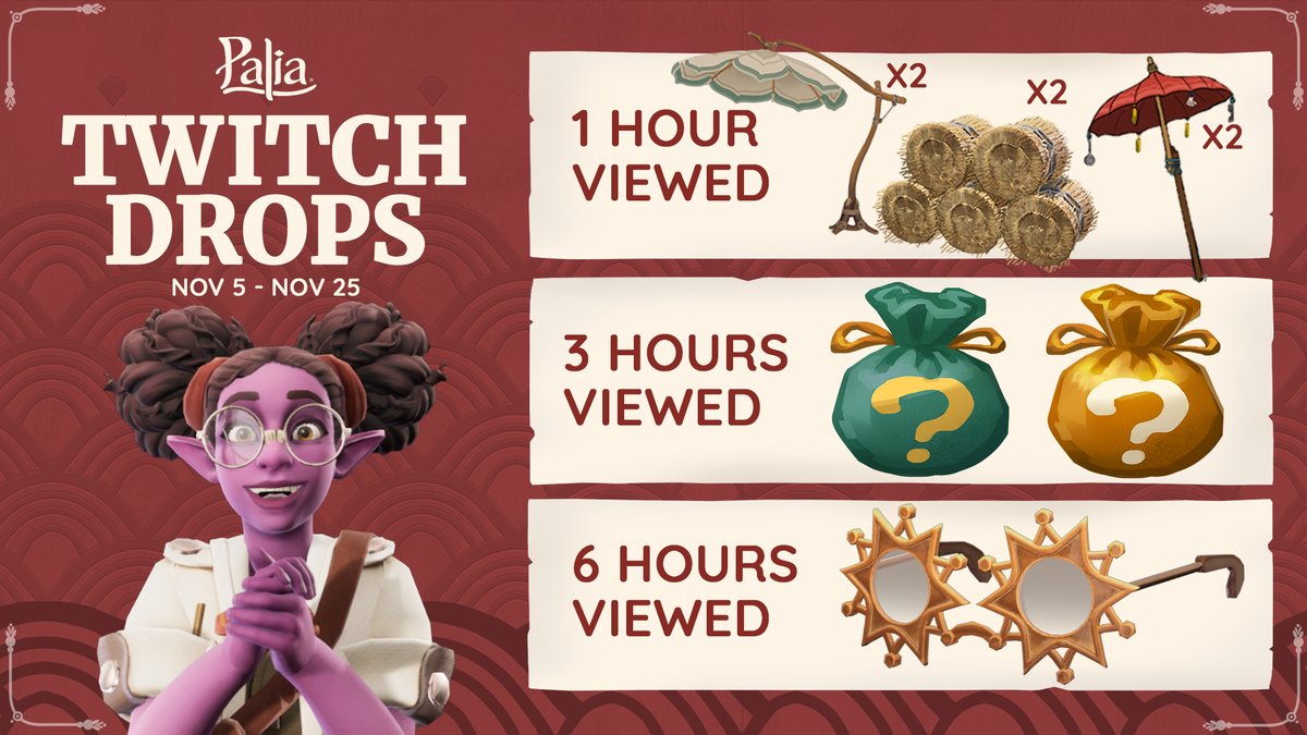 Reap some free rewards with Fall Fantasy: Home for the Harvest Twitch Drops. Pop into your favorite Drops-enabled creator's stream to start earning now! 👓

#Palia #PlayPalia