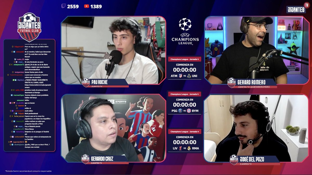 📺 DIRECTO <a href="/JijantesFC/">Jijantes FC</a>

🔛 ¡EN MARCHA EL CARRUSEL CHAMPIONS! ⭐️

Atleti 0-0 Union, PSG 0-0 Bayern, Liverpool 0-0 Real Madrid... ¡Vívelo con la narración de <a href="/paurochee/">Pau Roche🎙</a>, <a href="/JosePA_16/">Jose del Pozo</a> y Gerardo Cruz! 📣

🔗 twitch.tv/gerardromero