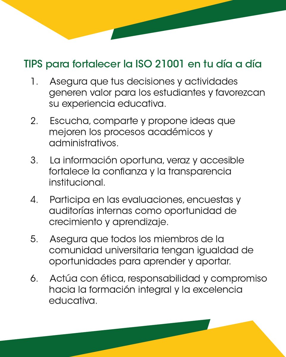 📘 TIPS ISO 21001: Educación con Calidad y Excelencia

La ISO 21001 impulsa la mejora continua en los procesos de enseñanza y aprendizaje, garantizando una educación de calidad, inclusiva y centrada en el estudiante.