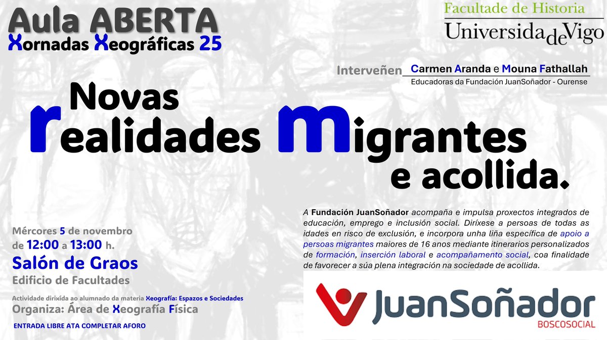 XeoLab's tweet image. 🌍 Mañá, mércores 5/11, en “Espazos e Sociedades” (2º de Grao) achegarémonos ao tema das migracións dende unha mirada máis humana 🤝 coa @fundacionjuans.
Unha nova #AulaAberta na @HistoriaOurense 💡 #Xeografíando