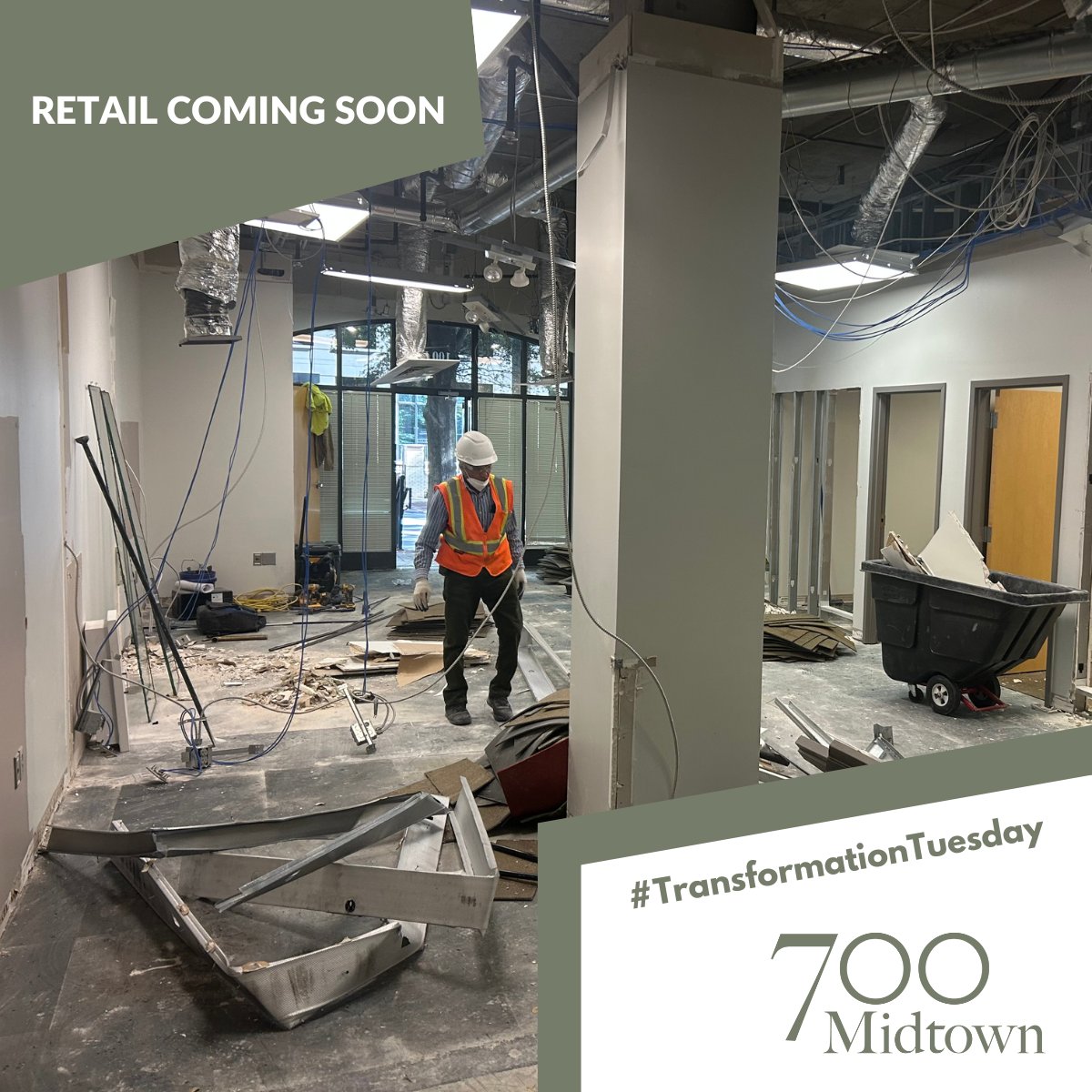 RedlineProp's tweet photo. Demo day is our fav! Retail construction underway at 700 Midtown. #cltrealestate https://t.co/11frOmeyqu