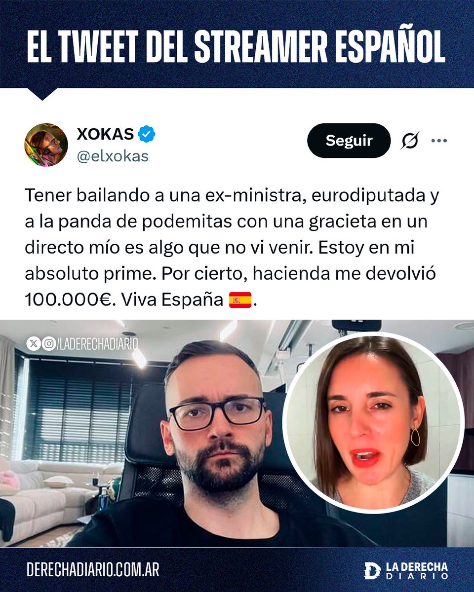 🚨🇪🇸 | El Xokas destruyó a la progresista pro-pedofilia Irene Montero luego de que lo llamara "llorón que le tiene miedo a Hacienda": "Tener bailando a una exministra eurodiputada con una gracieta en un directo mío es algo que no vi venir. Estoy en mi prime. Por cierto, Hacienda
