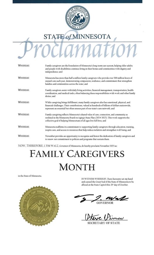Family caregiving counts enormously, both on an individual level and in our collective goal of helping Minnesotans of all ages live full lives. 

We join Gov. Walz in recognizing and honoring all of you during Family Caregivers Month. 

We see you! 🫶

mn.gov/governor/asset…