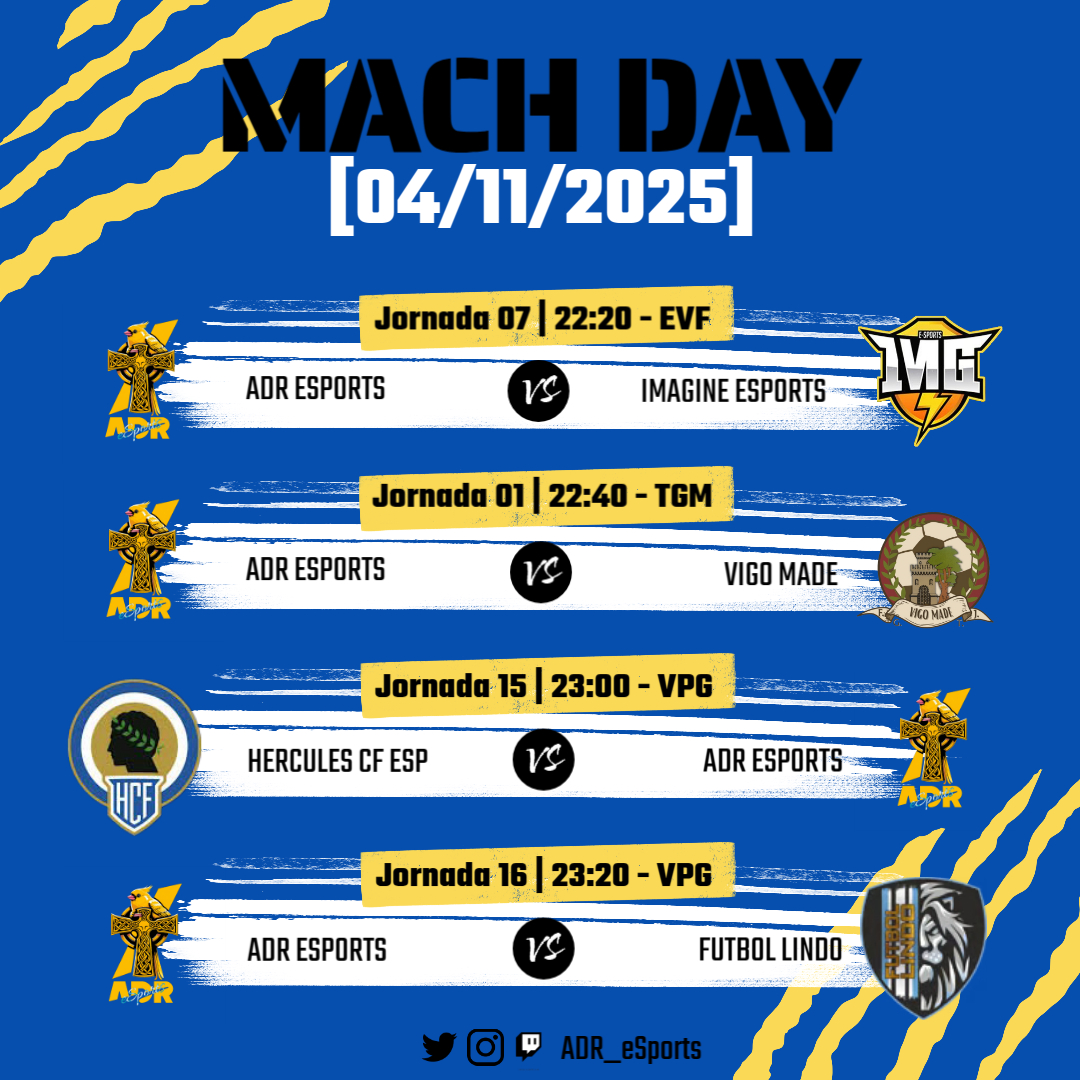 ADR__eSports's tweet image. ⚜️💛💙 ~ | COMPETICION | ~ ⚜️💛💙

🏆 2º EVF
⏳ 22:20 🆚 @ImagineEsports5 
🗓️ 7º JORNADA

🏆 2º TGM
⏳ 22:20 🆚 @VigoMadeOficial 
🗓️ 1º JORNADA

🏆 3º  VPG
⏳ 23:00 🆚 @HerculesCFeS_ 
🗓️ 15º JORNADA

🏆 3º VPG
⏳ 23:20 🆚 @FutbolLindoCF 
🗓️ 16º JORNADA