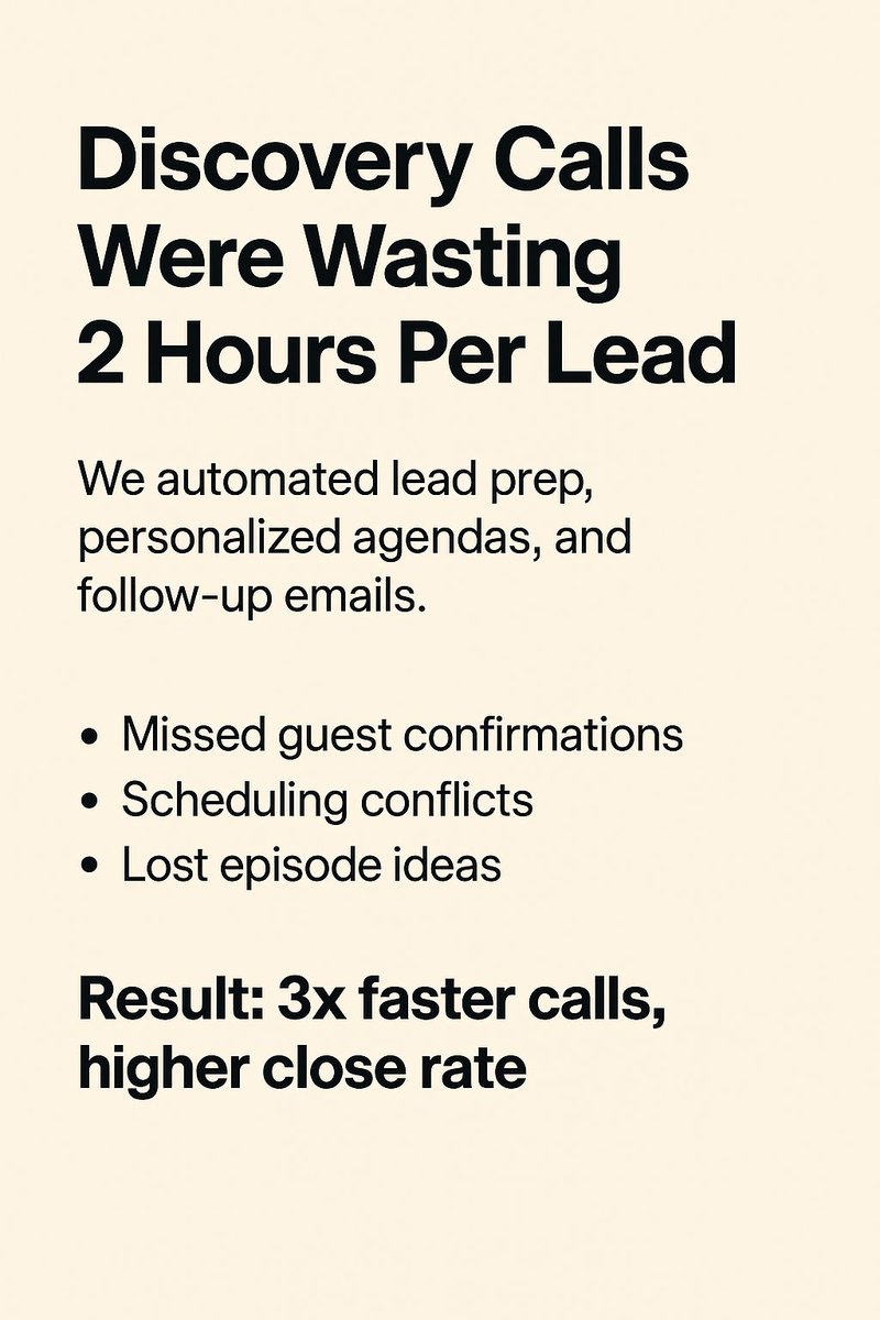 moh_ave's tweet image. Discovery calls were wasting 2 hours per lead. We automated lead prep, agendas, and follow-ups. Result: 3x faster calls, higher close rate. #ai #aiautomation #hormozi #chatgpt