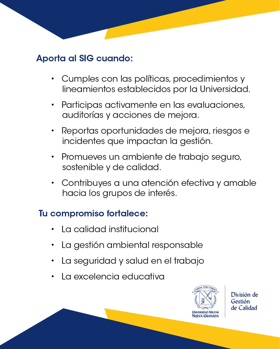 ⚙️ ¿Cómo aportas al Sistema Integrado de Gestión de la UMNG desde tu rol?

Cada miembro de la comunidad neogranadina contribuye al fortalecimiento del Sistema Integrado de Gestión (SIG) con sus acciones diarias, compromiso y responsabilidad.

#UMNG #SIG #ExcelenciaInstitucional