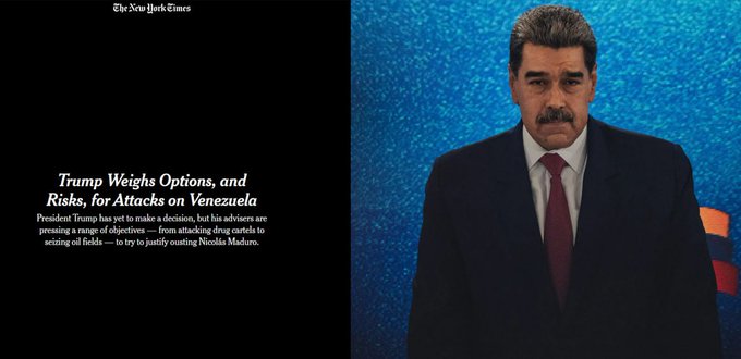 Black background left panel with The New York Times logo above Trump Weighs Options and His Risks for a Showdown with Venezuela text below President Trump faces a decision but his advisers urge caution as they weigh the dangers of justifiably removing Maduro. Right panel blue background with man in suit red tie standing frontally mustache visible Venezuelan flag patch on shoulder.