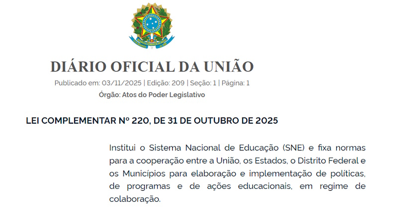 Leia a lei que institui o Sistema Nacional de Educação e fixa normas para a cooperação entre a União, os Estados, Distrito Federal e os Municípios para elaboração e implementação de políticas, de programas e de ações educacionais, em regime de colaboração acesse.one/pHWnA