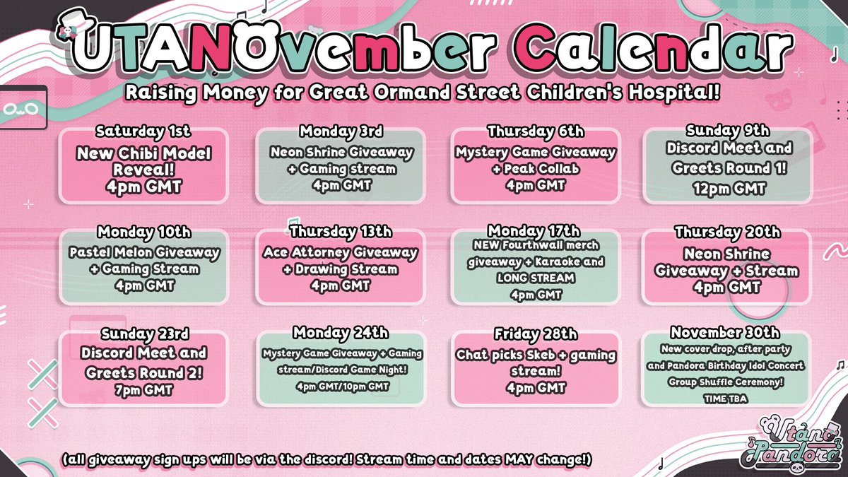 [UTANOvember Schedule!]

I forgot to post this earlier! Here is the schedule for UTANOvember! 💚🩷

Lots of giveaways! Let's continue raising money for <a href="/GOSHCharity/">Great Ormond Street Hospital Charity</a> !

you can donate here➡️ tilt.fyi/YvQBBZoWPw