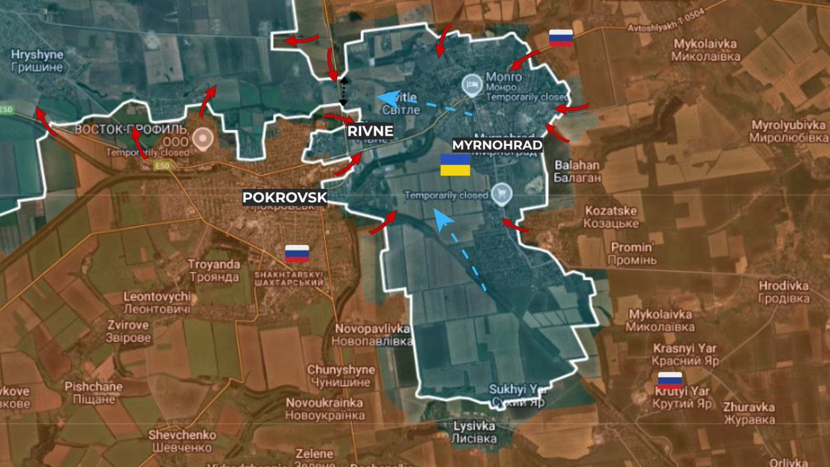 Jjlopez_almejo's tweet photo. Diversas fuentes satelitales como #Suryakmaps, #DeepState, #ISW, confirman que #Pokrovsk está rodeada por fuerzas #rusas que avanzan de manera consistente en esa línea del frente. #Rusia está a punto de cerrar el corredor que condenará a la rendición o muerte a 10 mil soldados ucranianos. #Zelensky insiste en que tiene todo bajo control. Otorga condecoraciones a militares que defendían la posición, que ha costado más de 11 mil millones de dólares resguardar por su ubicación estratégica. En #Myrnohrad y #Rivne se cierra la pinza rusa. El resto será una historia de terror si no se rinden las tropas a las que Zelensky obliga a aguantar. Una vez tomada Pokrovsk, #Kramatorsk y #Sloviansk serán mero tramite en los próximos meses, y adiós #DONESKT.
Será imposible para #Ucrania en muchas generaciones venideras recuperar los territorios perdidos por medios militares. ¿Cuánta Ucrania le quedará a Zelensky para negociar el fin de las hostilidades? Todas estas pérdidas se habrían evitado si Ucrania no hubiera abandonado las negociaciones de marzo de 2022 en Turquía por órdenes del Reino Unido.