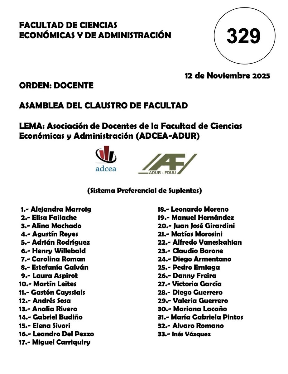 ADCEA1's tweet photo. 📚🗳️ El próximo miércoles 12/11 hay elecciones universitarias y en el orden docente de la
@FCEA_UdelaR elegimos a los y las representantes al Claustro de Facultad y a la Asamblea General de Claustro (AGC). Nuestras listas son la 329 y 328 (1/2) https://t.co/mKs7vDemLM