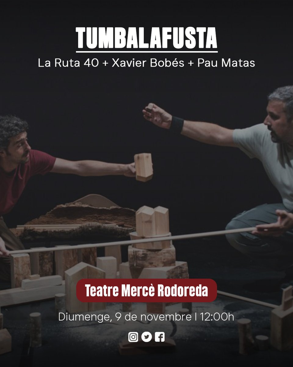 🎭 TUMBALAFUSTA de <a href="/LaRuta40/">La Ruta 40</a> + Xavier Bobés + Pau Matas

Un espectacle sorprenent i divertit que demostra que la creativitat no té límits. 🤗

📍 Teatre Mercé Rodoreda 📆 9 de novembre 🕔12:00h

#xarxaalcover #teatreencatala