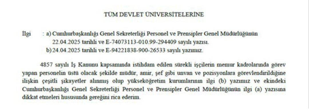 YÖK, ÜNİVERSİTELERİ 2. KEZ UYARDI

"İŞÇİ, MEMURUN AMİRİ OLAMAZ"

Yükseköğretim Kurulu Başkanlığı, sürekli işçilerin memur kadrolarında görev yapanların üstü olacak şekilde yönetici düzeyinde görevlendirilmelerine ilişkin şikayetler geldiği için 2. kez Üniversiteleri uyardı.