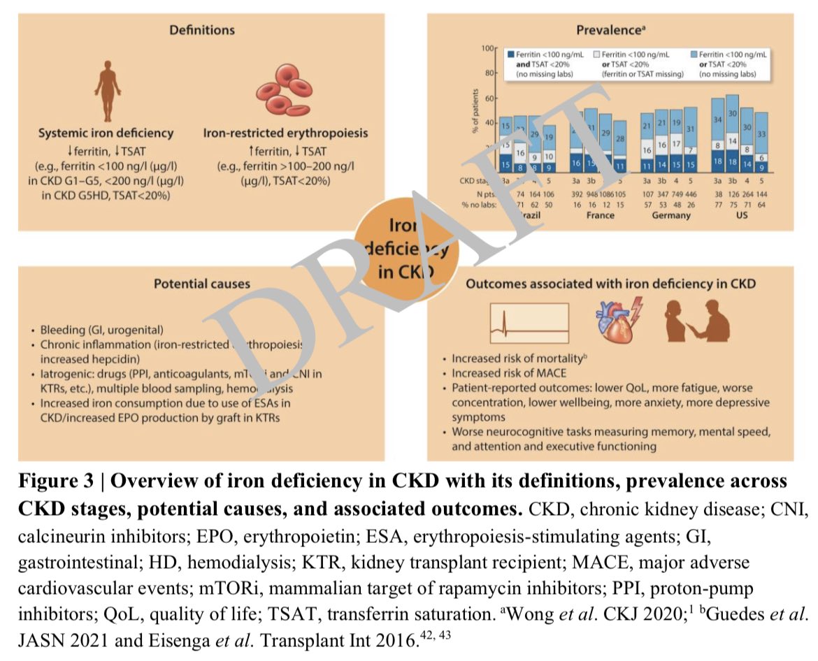 DrNikhilMD's tweet photo. 5
💊 Step 1 — Iron therapy comes first

Never start ESAs before correcting iron.

Start iron if:
💉 HD patient → Ferritin ≤500 & TSAT ≤30%
💊 Non-dialysis/PD → Ferritin <100 (TSAT <40%) or Ferritin 100–300 (TSAT <25%)

Why? EPO won’t work without iron substrate.

KDIGO calls this the “Iron First” approach.