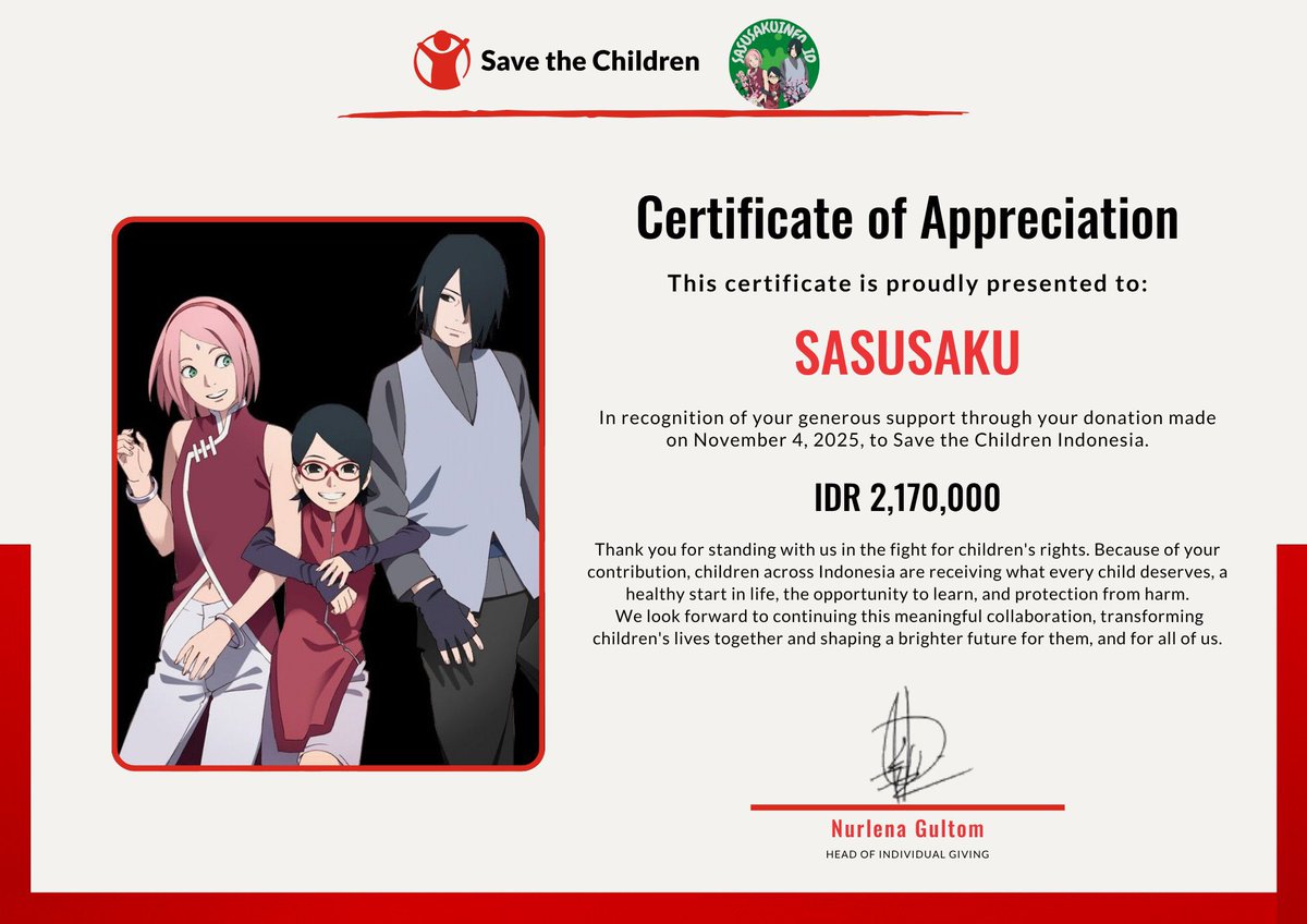 ssakuxx_28's tweet photo. In celebration of SasuSaku Canonversary 2025, sasusakuinfo_id in collaboration with @SaveChildren_ID is providing support for Child Health programs in Indonesia on behalf of “SasuSaku.”🌸 https://t.co/zaLQ3PDT8H