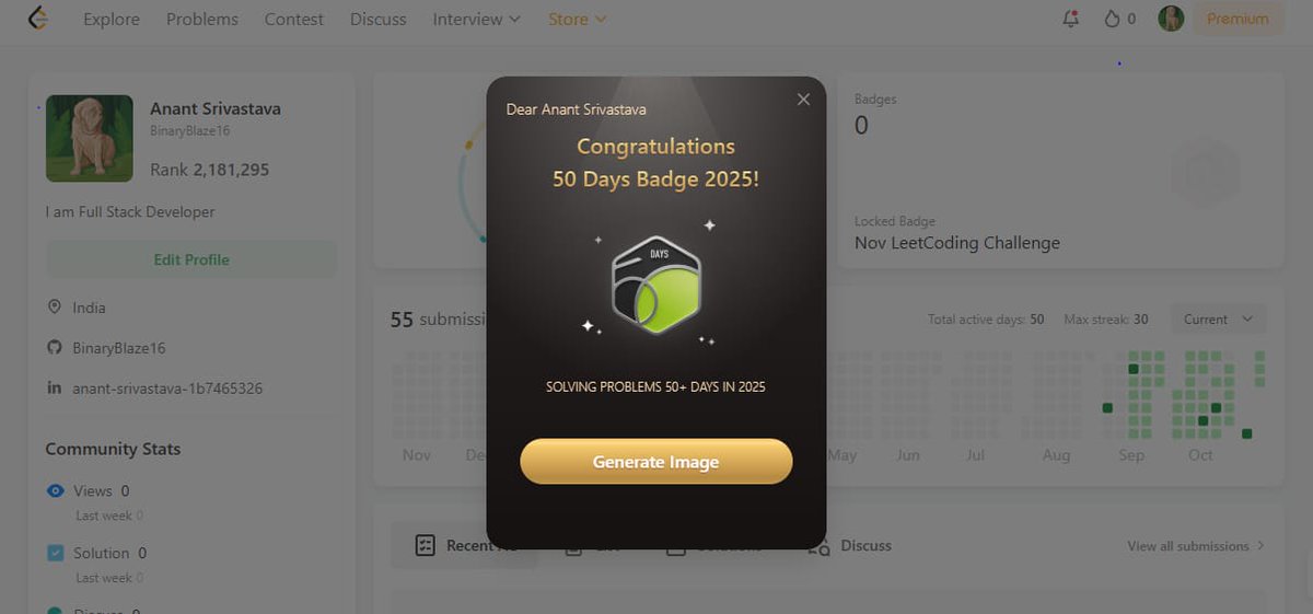 BinaryBlaze16's tweet image. 🎉 Just hit **50 Days of solving problems in 2025** on @LeetCode! 💻🔥
From 0 to 50+ active days — consistency is the real grind. Grateful for the journey! 🚀    
#LeetCode #50DaysBadge #CodingStreak #100DaysRawGrind
