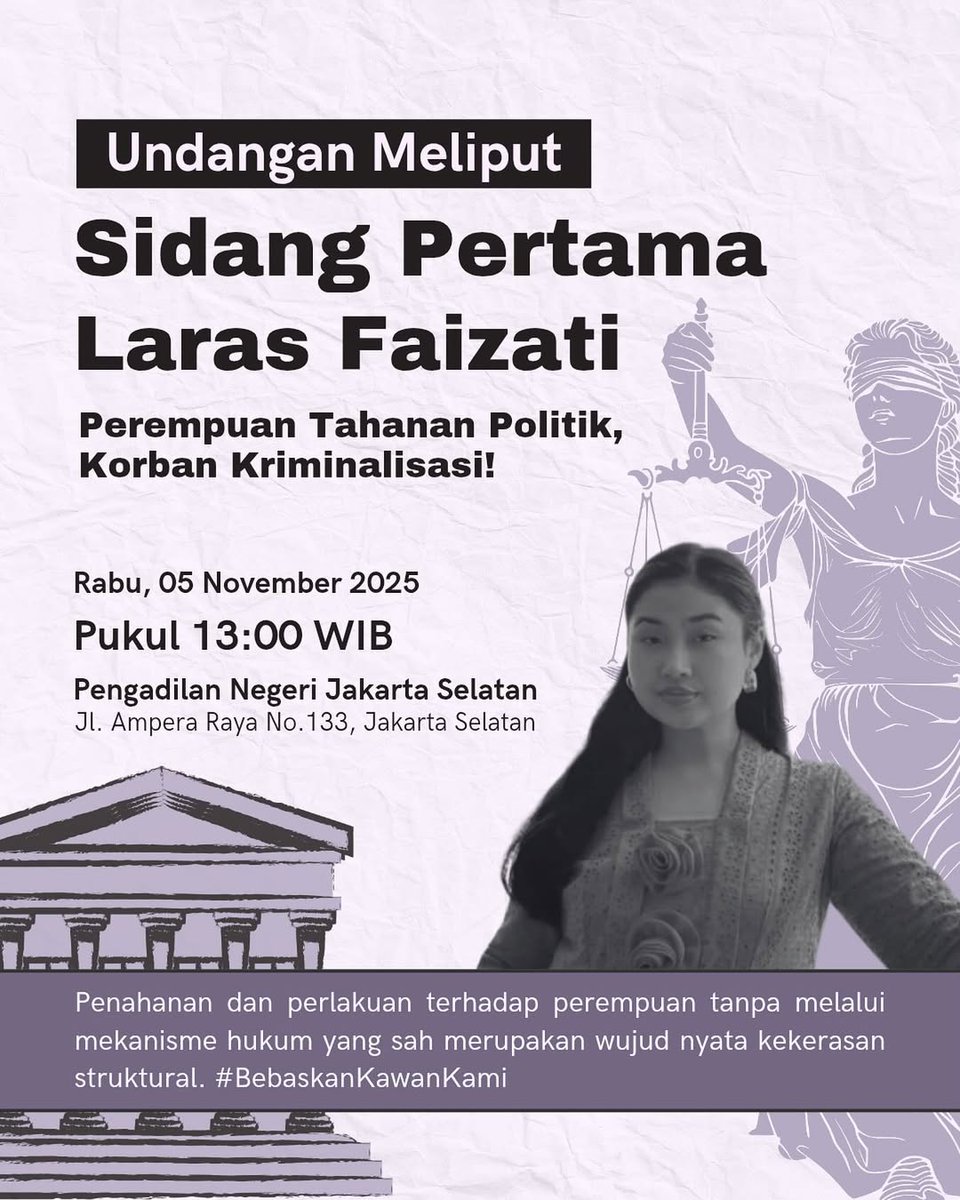 Besok, Rabu, 5 November, Laras Faizati akan menjalani sidang pertamanya di Pengadilan Negeri Jakarta Selatan.

Kepada kawan-kawan sekalian, mari kita datang bersolidaritas dan menyuarakan perlawanan atas kriminalisasi yang dialami Laras! ✊

#BebaskanKawanKami