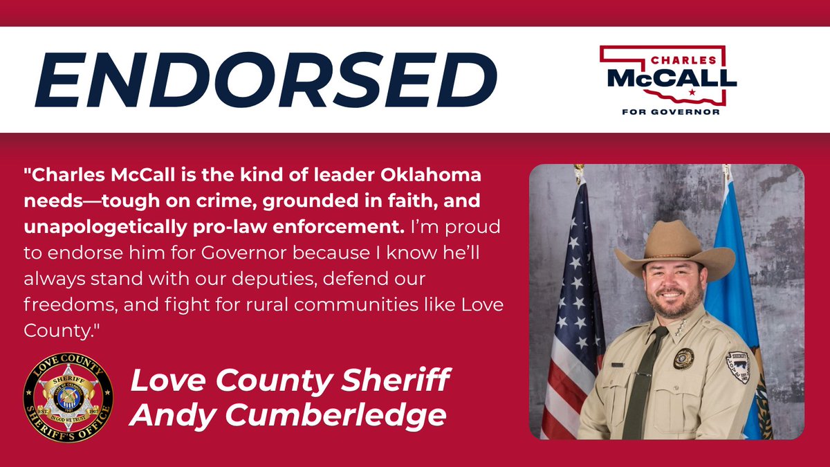CharlesMcCallOK's tweet photo. I was humbled to receive Sheriff Cumberledge’s endorsement at the Love County Sheriff’s Department Fundraiser. Oklahoma’s sheriffs are on the front lines every day, and as Governor, I’ll always back the badge and defend the values that keep our communities safe and strong. https://t.co/iuSe8UDzqn