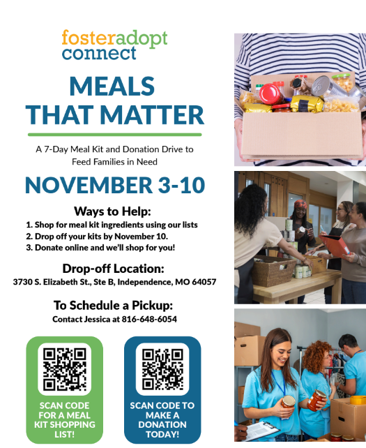 🍽️ Help feed local families! From Nov 3–10, join FosterAdopt Connect’s #MealsThatMatter campaign. Each meal kit or $10 donation provides a full meal for a family of four. Together, we can make a difference! 💛
👉 my.onecause.com/event/organiza…