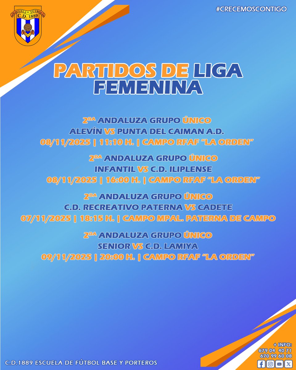 PARTIDOS DE LIGA | Nuestras chicas ya tienen horario para su jornada de #PartidosOficiales. ⚽🔝

#Vamos89 🔵⚪️🔵

#Somos1889 #FutbolBase #crecemoscontigo
#FormandoEnValores