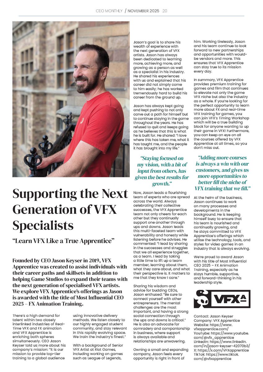 Thanks to CEO Monthly for selecting me as 2025's Most Influential CEO in FX Animation Training. It's been a wild ride founding and running <a href="/VFXApprentice/">VFXApprentice</a>, and getting to know all of you! 

Here's the full issue: ceo-review.com/issues/novembe…