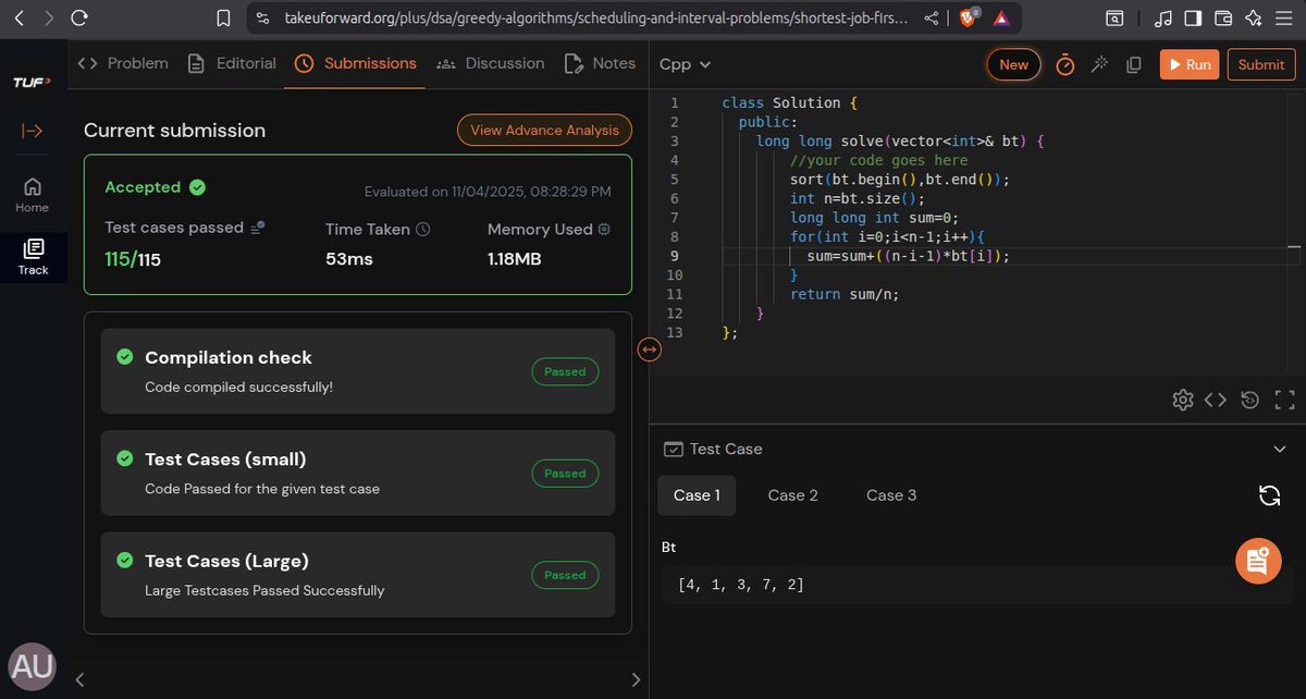 umrao_akas8103's tweet photo. Day 24 of the #TufwinterArc: 

A long queue of repair tasks is building up. The greedy choice to save the core: Shortest Job First (SJF) Scheduling.

Solution accepted! ✅ The core is stable.

#100DaysOfCode #DSA #Coding #GreedyAlgorithms @takeUforward_ https://t.co/YiUOJjB0Dh