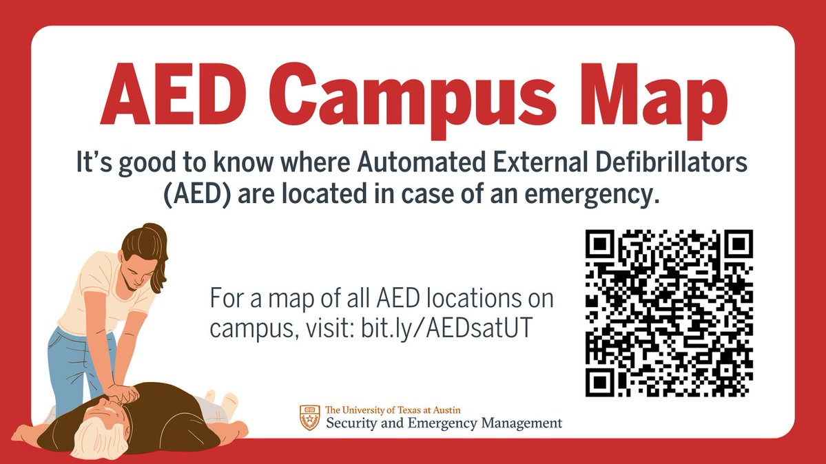💡 Fun Fact: OSEM helps manage an estimated 300 AEDs across campus!

Knowing where AEDs are located can save valuable time in an emergency.

See the campus AED map here: bit.ly/AEDsatUT

#LonghornReady #CampusSafety