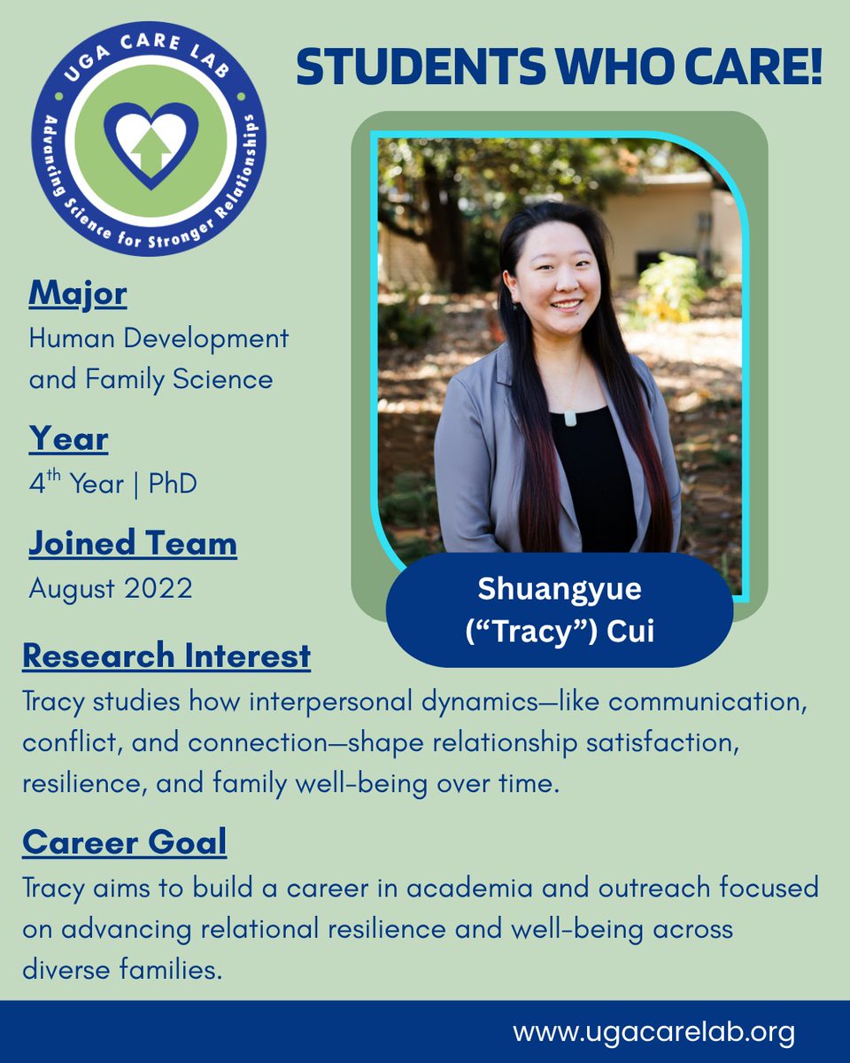 ugacarelab's tweet image. 🌟Student Spotlight🌟
Meet Tracy Cui, Ph.D. a @HDFSatUGA student in @FACSUGA ! Her research explores how communication, conflict, &amp;amp; connection shape resilience &amp;amp; family well-being. Learn more 👉 ugacarelab.org
#UGACARELab #StudentsWhoCARE #RelationshipScience