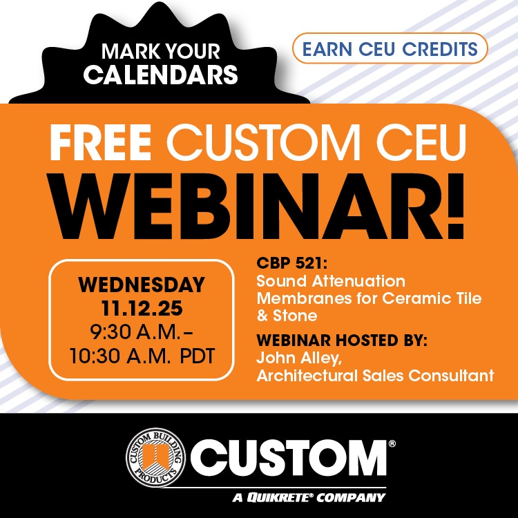 CustomBldgProd's tweet image. Custom Building Products Webinar Series! 
Join John Alley - Sound Attenuation Membranes for Ceramic Tile &amp;amp; Stone Wednesday, November 12 / 9:30 AM – 10:30 AM PDT 
𝗥𝗲𝗴𝗶𝘀𝘁𝗲𝗿 𝗛𝗲𝗿𝗲: bit.ly/47qT7Rf 

#CustomBuildingProducts #Webinar #TileInstallation #CBP…
