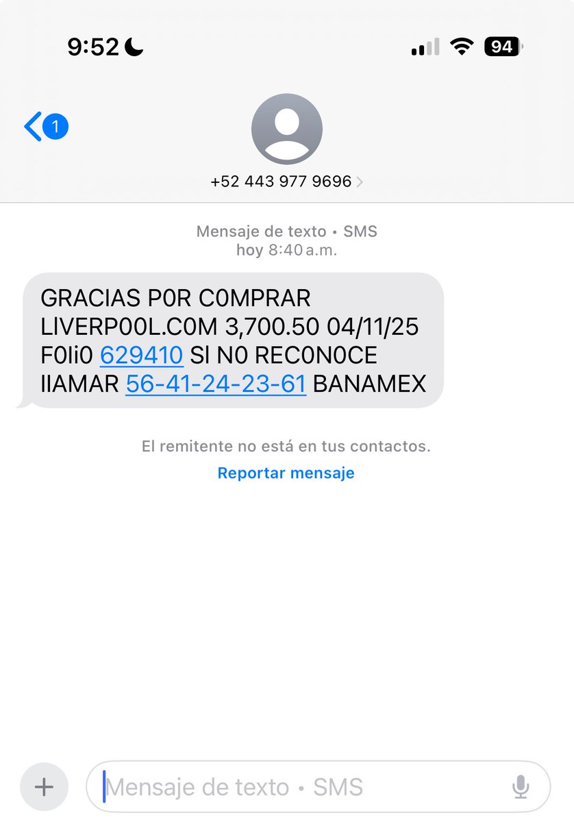 Soy cliente <a href="/banamex/">Banamex</a>  y estoy recibiendo mensajes de texto , por supuesto falsos, de supuestas compras, les reporto para su conocimiento.