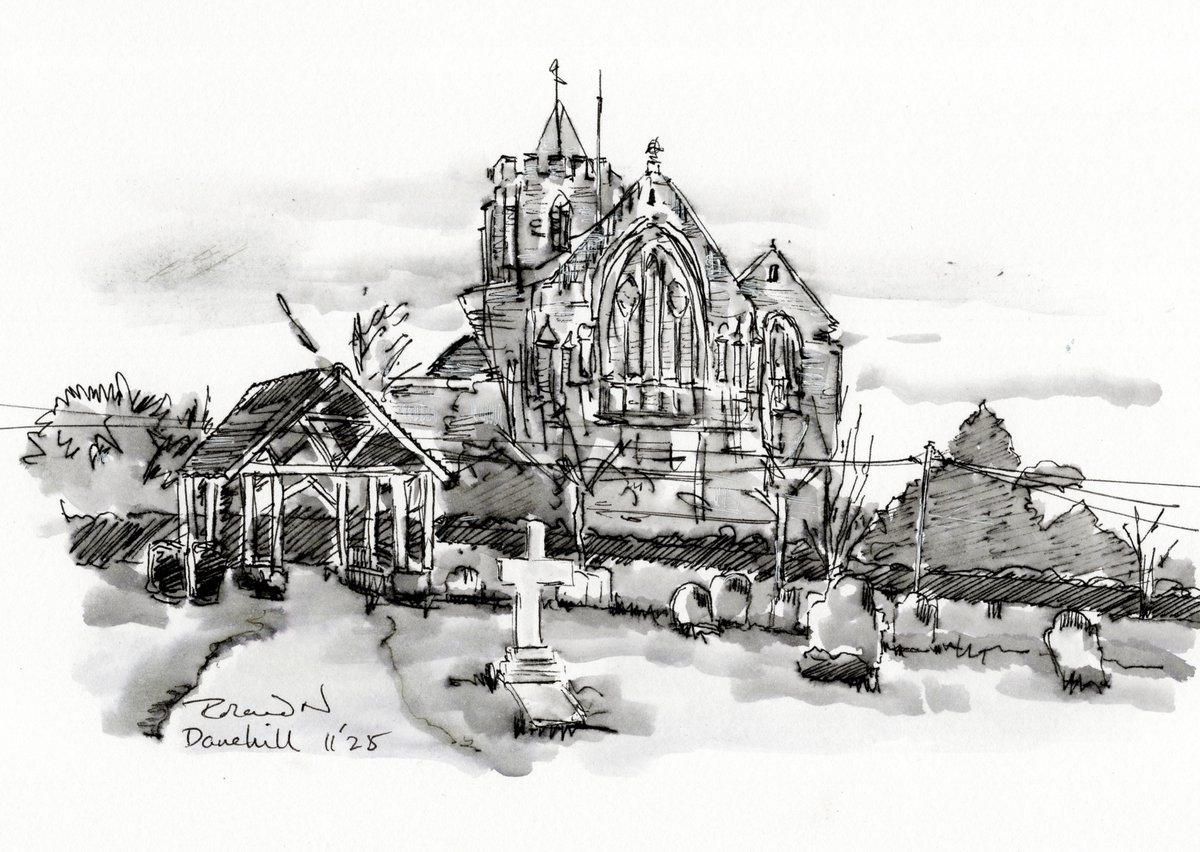 All Saints Church in Danehill, Sussex.  The same church, another day!  Ink and water-brush.   

#danehill #sussex #church #penandink #sketch #art