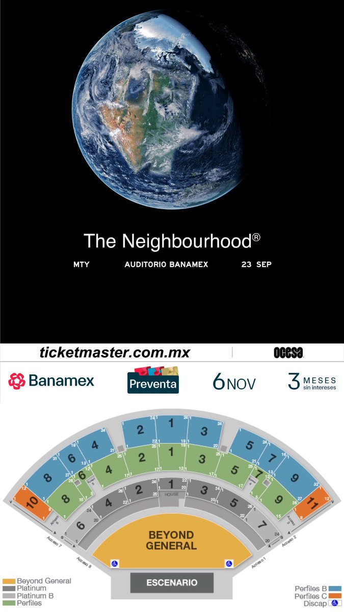 ailoviutl's tweet photo. 🚨 PRECIOS DE BOLETOS OFICIALES 🚨

THE NEIGHBOURHOOD 🎸 THE WOURLD TOUR

🗓️ Lunes 21 de Septiembre del 2026 🗓️
🏟️ Auditorio Telmex 🏟️
📍 Guadalajara, Jalisco 📍

🗓️ Miércoles 23 de Septiembre del 2026 🗓️
🏟️ Auditorio Banamex 🏟️
📍 Monterrey, Nuevo León 📍

🗓️ Viernes 25 de Septiembre del 2026 🗓️
🏟️ Palacio de los Deportes 🏟️
📍 CDMX 📍 🇲🇽 México 🇲🇽

🎟️ Precios de Boletos GDL 🎟️

General de pie $2,083.20
Zona Roja $2,876.80
Zona Azul $1,884.80
Zona Café $1,686.40
Zona Verde $1,463.20
Zona Blanca $1,364
Zona Lila $1,264.80
Zona Naranja $1,190.40
Zona Amarilla $979.60
*con cargos*

🎟️ Precios de Boletos MTY 🎟️

Beyond General $
Platinum $
Platinum B $
Perfiles $
Perfiles B
Perfiles C
*con cargos*

🎟️ Precios de Boletos CDMX 🎟️

General A $2,132.75
General B $1,091.25
Nivel D $1,339.25
Nivel E $1,016.75
*con cargos*

🎫 Fechas de Preventas 🎫

Venta Beyond: 4 de Noviembre 9:00 AM
Preventa Priority: 5 de Noviembre 9:00 AM
Venta a Fans: 5 de Noviembre 10:00 AM
Preventa Banamex: 6 de Noviembre 10:00 AM
Venta General: 7 de Noviembre 10:00 AM

💲 Boletera: Ticketmaster 💲

💳 Meses sin Intereses 💳

3 MSI con tarjetas de Crédito Banamex a partir de $3,000 MXN

#TheNeighbourhood #TheWourldTour #Palacio #CDMX #PalacioDeLosDeportes #Tour2024 #Concert #Fest #Concierto #Música #Music #Festival #México #AuditorioTelmex #AuditorioBanamex #Tour2025 #Tour2026 #News #Ailoviutl #Guadalajara #Jalisco #Monterrey #PopMusic #Beyond #Priority #NuevoLeón #GDL #MTY #PalacioDeLosDeportes #Rock #Indie
