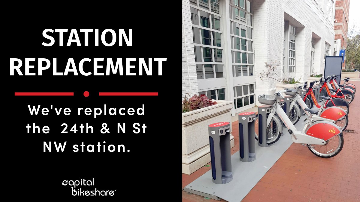 🚨 STATION ALERT 🚨

The 24th &amp; N St NW station, originally installed in July 2012 and responsible for over 301,000 rides, has been upgraded. It now features 16 of our next-generation docking stations.