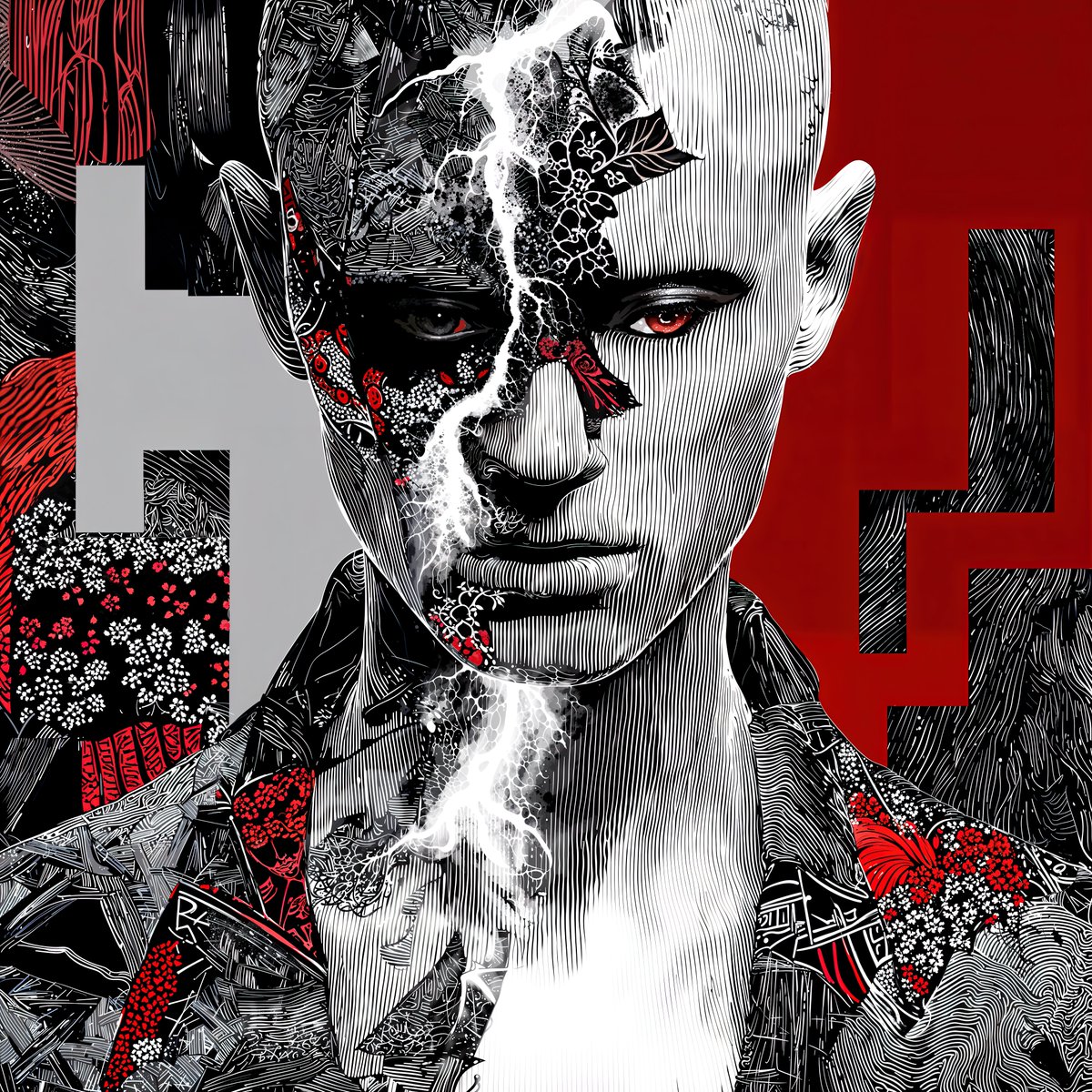 gm 🖤🖤 Happy #TezosTuesday!! 

🚨NEW DROP ALERT!

This is my 2nd entry to the #1of1szn event by <a href="/mamaralic/">mamaralic</a> 

Crimson Glitch ⚡️❣️
Scarlet code ignited his gaze, veins forging flesh into striped steel. Lightning etched the fracture where peace bled away. Rage surged crimson over a