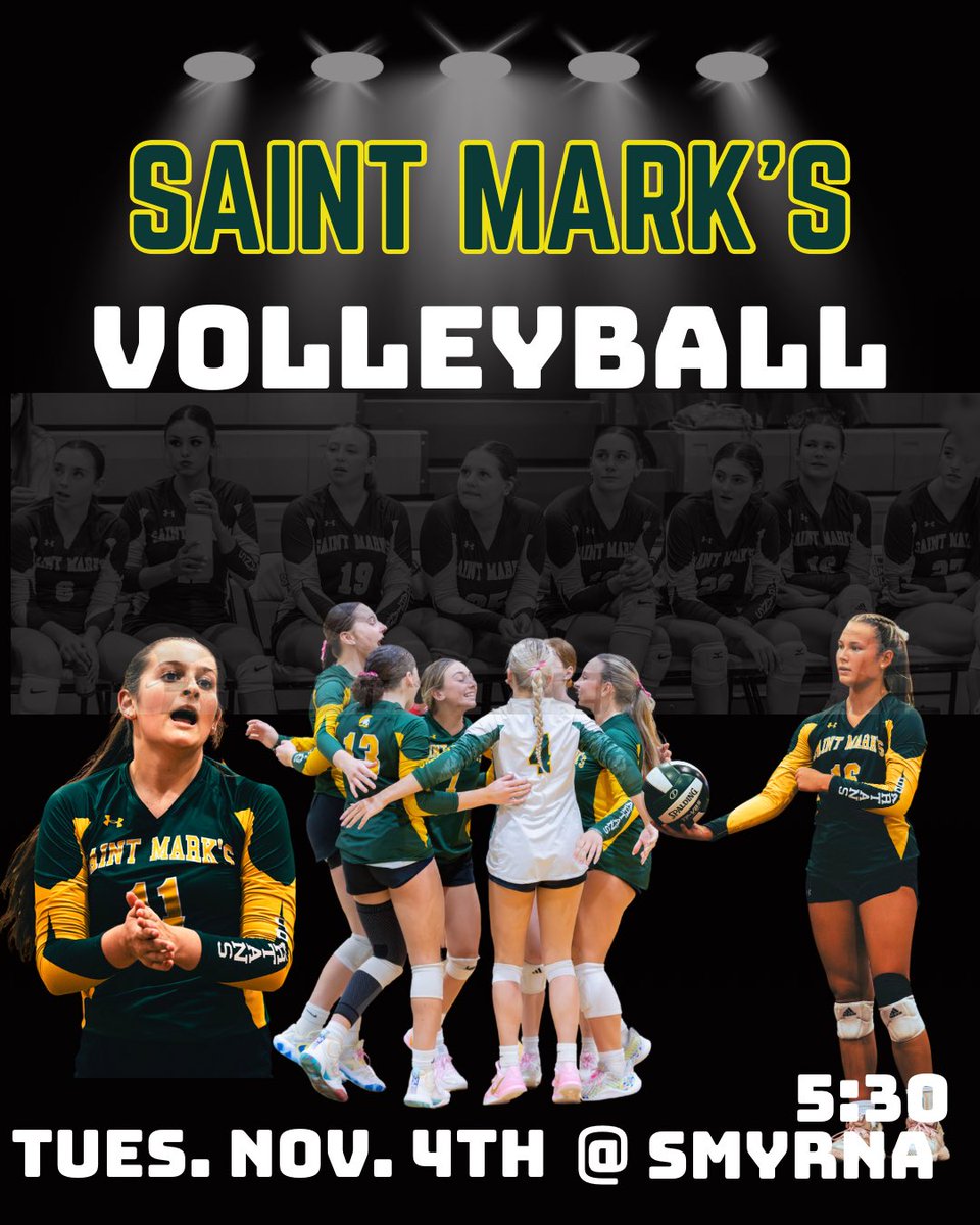 Come out tonight and support Saint Mark’s Volleyball as they take on the Smyrna Eagles. Game is at Smyrna at 5:30. Buy your tickets at: gofan.co/event/5251966?… 
Let’s Go Spartans! 💚🏐💛