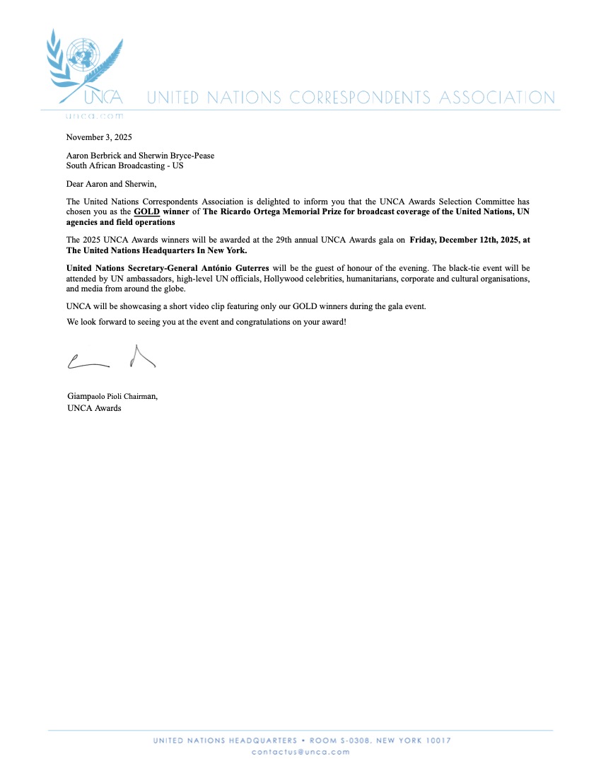 sherwiebp's tweet image. The #SABCNEWS team in New York has won Gold in this year&apos;s U.N. Correspondents Association Awards for coverage of the U.N. and its agencies.🥇