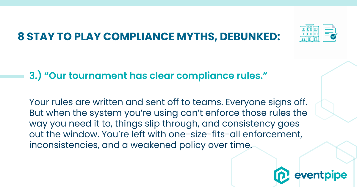 GetEventPipe's tweet photo. Continuing our mission to debunk 8 Stay to Play Compliance Myths:
Myth #3.) "Our tournament has clear compliance rules." 🤔
#StaytoPlay #StaytoPlayCompliance #YouthSports https://t.co/iltX3izq9X
